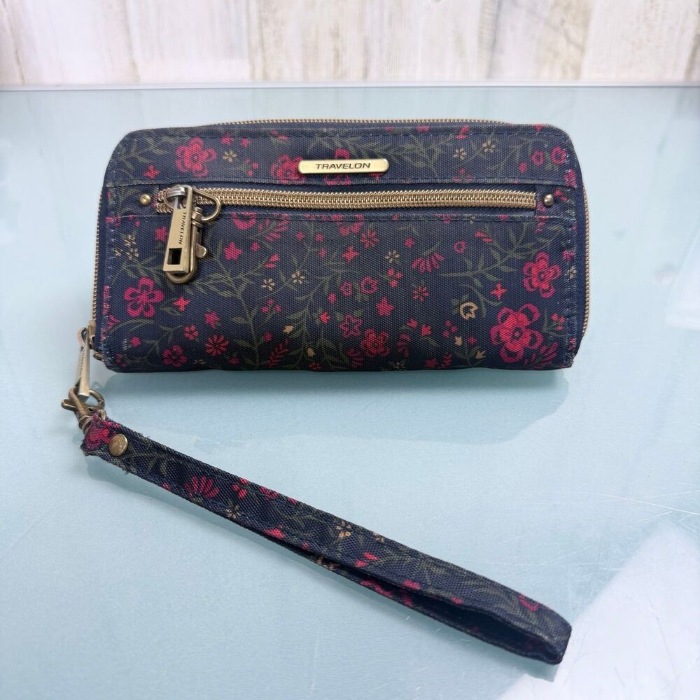 Travelon Wallet Clutch Accordion Zip Around RFID Black Red Floral Travel